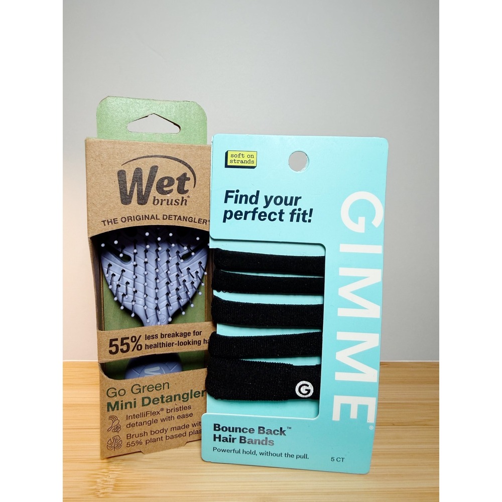 Wet Brush Go Green Mini Detangler Lavender & Gimme Beauty Hair Bands Black Set